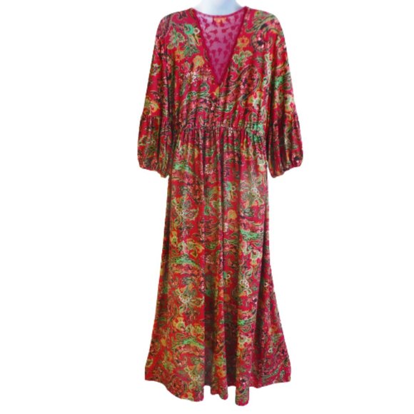 Maxi Dress Floral Paisley Flowy One World Cutout Front Back Lace V Panel XL plus - Picture 2 of 7